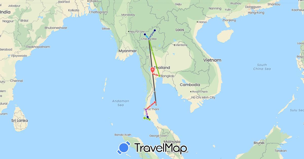 TravelMap itinerary: driving, plane, cycling, train, hiking, boat, motorbike, electric vehicle in Thailand (Asia)